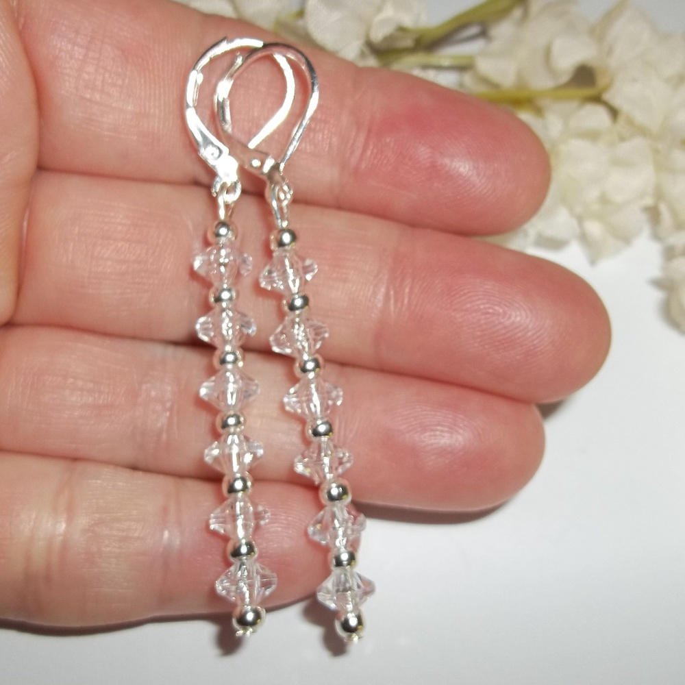Long Earring Set Clear & Silver Beaded Drop Sleek Dangle Drop Gift Idea 4638 - Picture 1 of 7